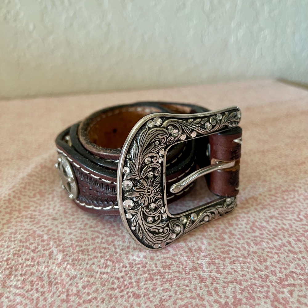Ariat Womens Brown Leather Western Belt Star Conchos Rhinestone Buckle 39.5in